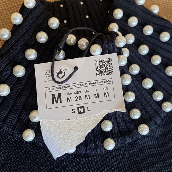 NWT Zara Black Knit Dress With Pearls Women’s Size Medium - Picture 6 of 16